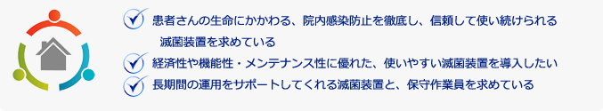 患者さんの生命にかかわる、院内感染防止を徹底し、信頼して使い続けられる滅菌装置を求めている 経済性や機能性・メンテナンス性に優れた、使いやすい滅菌装置を導入したい 長期間の運用をサポートしてくれる滅菌装置と、保守作業員を求めている