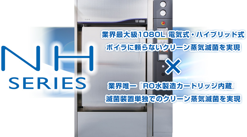次世代のクリーン蒸気滅菌システム 業界最大級1080L 電気式・ハイブリッド式ボイラに頼らないクリーン蒸気滅菌を実現 業界唯一『RO水製造カートリッジ内蔵』滅菌装置単独でのクリーン蒸気滅菌を実現